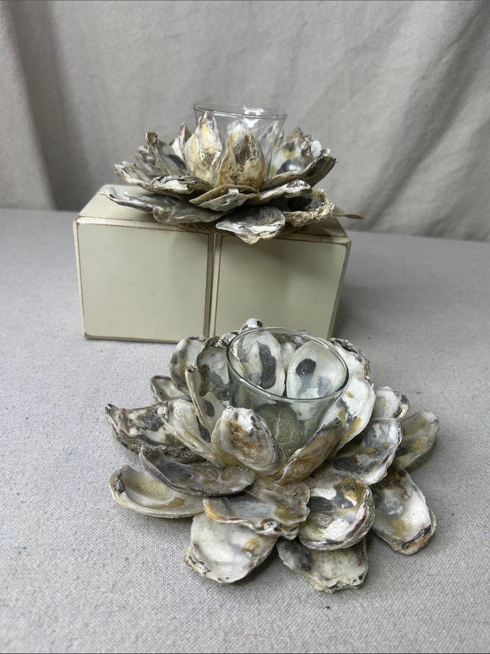 Oyster Shell Lotus Votive Holder - White & Tan